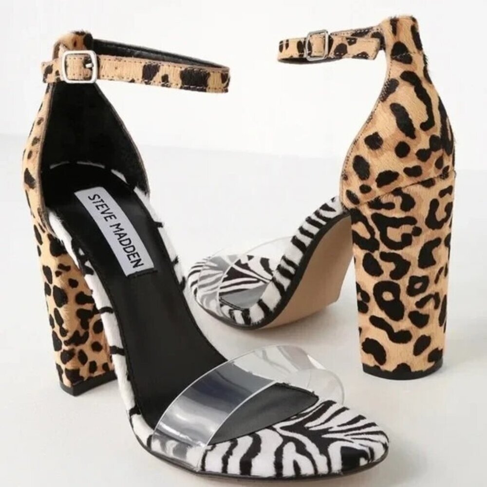 Steve Madden CarrsonL Multi Animal Print Heels Fur Open Toe Ankle Strap NEW 6.5